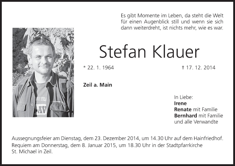  Traueranzeige für Stefan Klauer vom 20.12.2014 aus MGO
