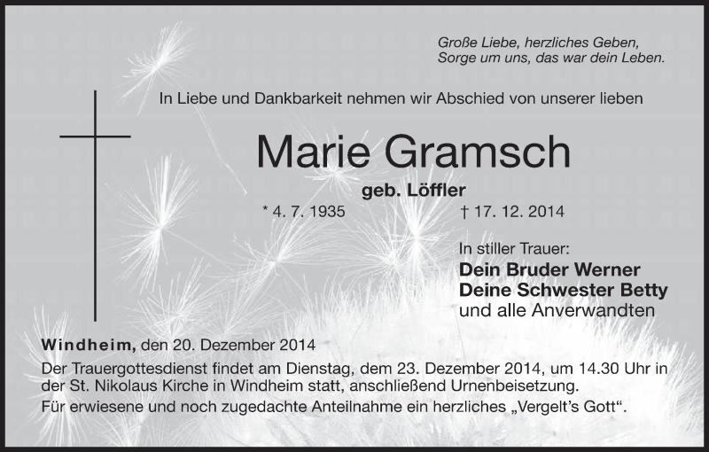  Traueranzeige für Marie Gramsch vom 20.12.2014 aus MGO