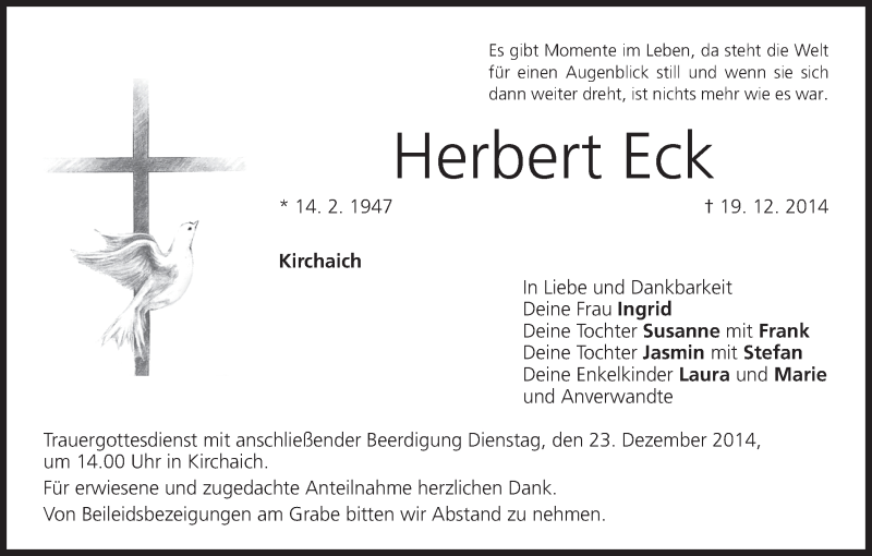  Traueranzeige für Herbert Eck vom 22.12.2014 aus MGO