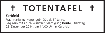 Anzeige von Totentafel vom 23.12.2014 von MGO