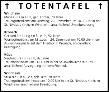 Anzeige von Totentafel vom 23.12.2014 von MGO