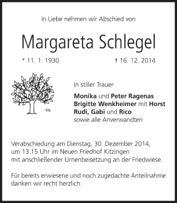 Anzeige von Margareta Schlegel von MGO