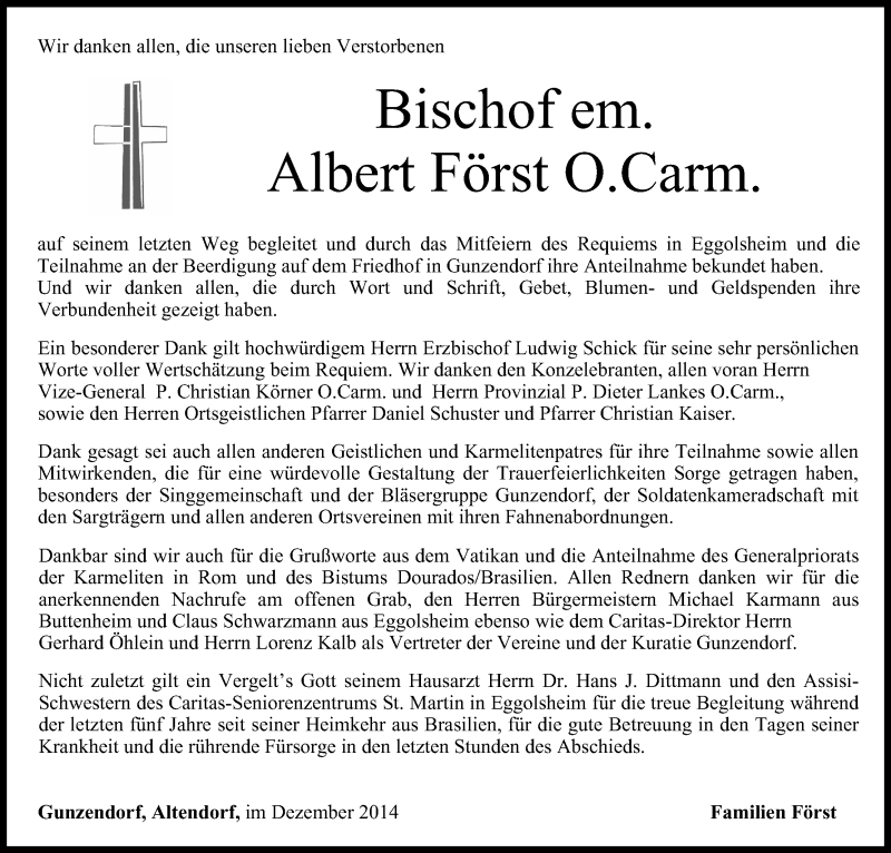  Traueranzeige für Albert Först vom 24.12.2014 aus MGO