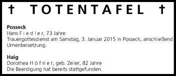 Anzeige von Totentafel vom 24.12.2014 von MGO