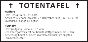 Anzeige von Totentafel vom 24.12.2014 von MGO
