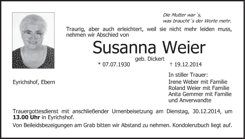  Traueranzeige für Susanna Weier vom 27.12.2014 aus MGO