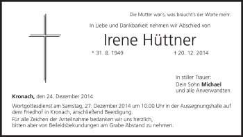 Anzeige von Irene Hüttner von MGO