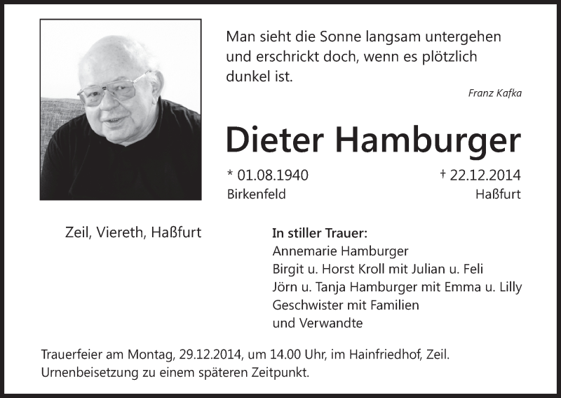 Traueranzeige für Dieter Hamburger vom 27.12.2014 aus MGO