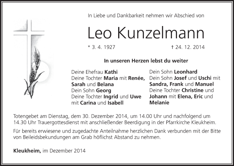  Traueranzeige für Leo Kunzelmann vom 27.12.2014 aus MGO