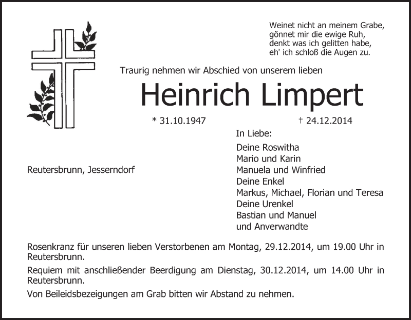  Traueranzeige für Heinrich Limpert vom 27.12.2014 aus MGO