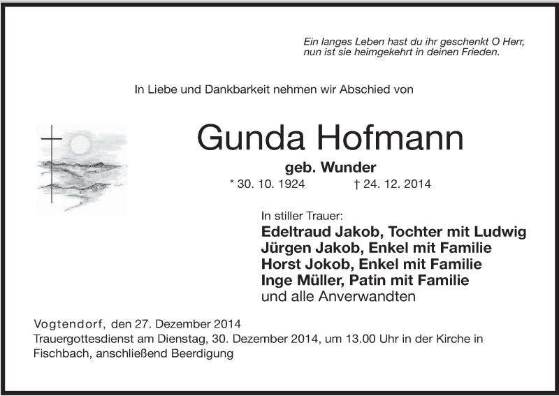  Traueranzeige für Gunda Hofmann vom 27.12.2014 aus MGO