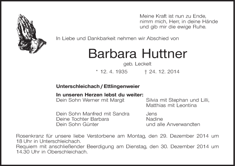  Traueranzeige für Barbara Huttner vom 29.12.2014 aus MGO