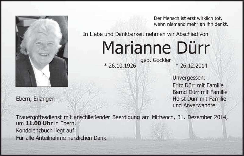  Traueranzeige für Marianne Dürr vom 29.12.2014 aus MGO