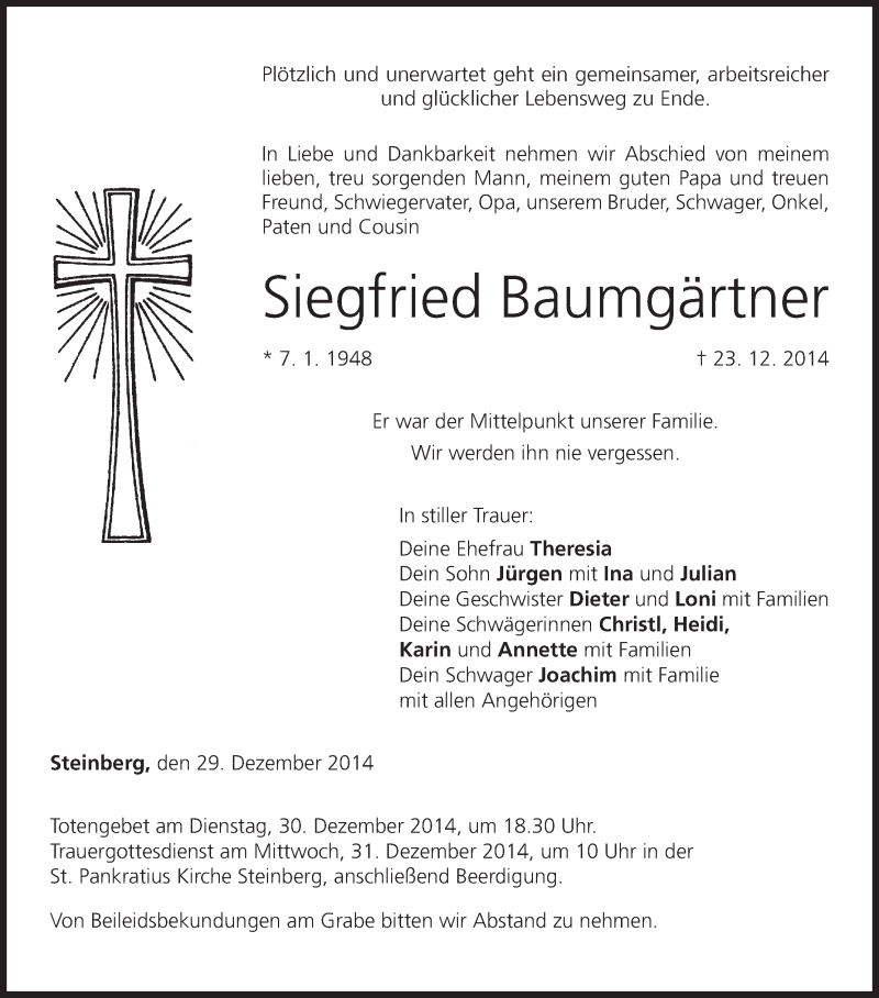  Traueranzeige für Siegfried Baumgärtner vom 29.12.2014 aus MGO