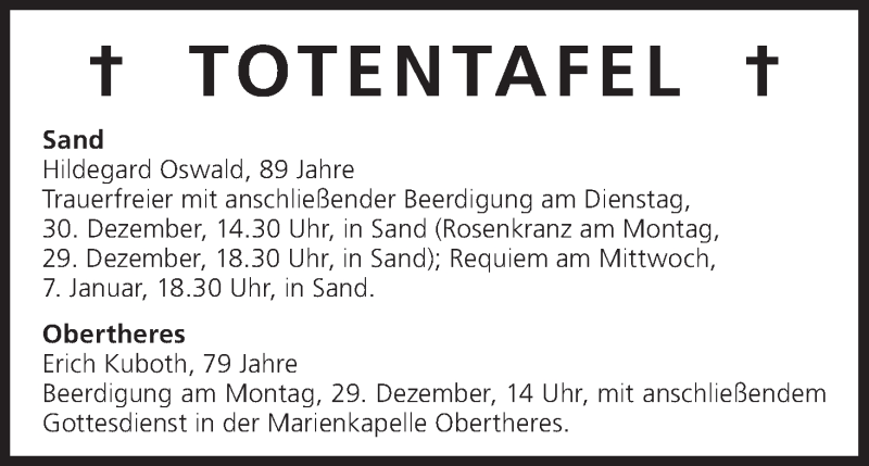  Traueranzeige für Totentafel vom 29.12.2014 vom 29.12.2014 aus MGO