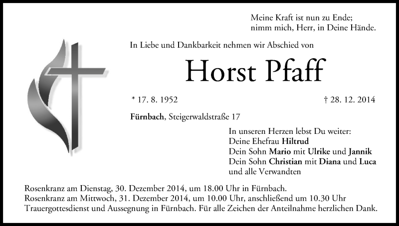  Traueranzeige für Horst Pfaff vom 29.12.2014 aus MGO