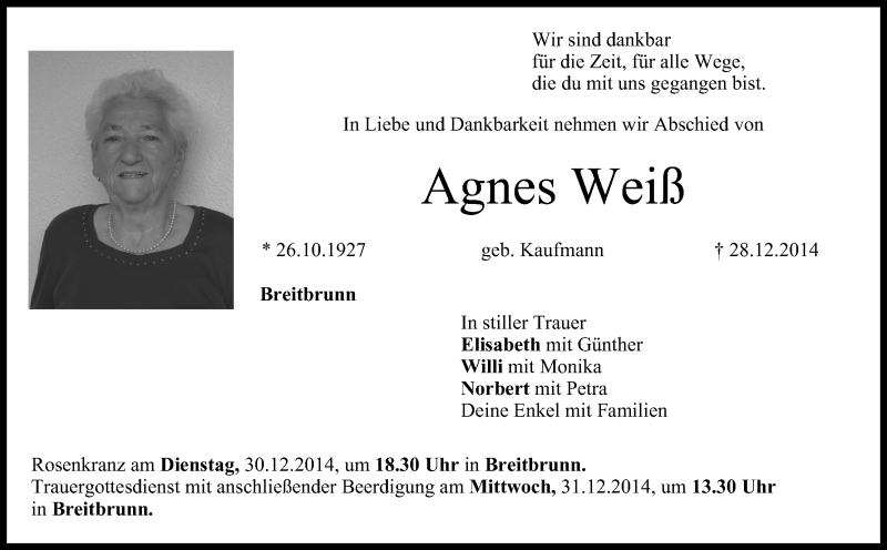  Traueranzeige für Agnes Weiß vom 29.12.2014 aus MGO