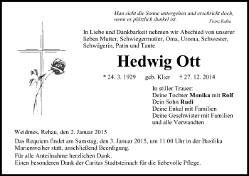 Anzeige von Hedwig Ott von MGO