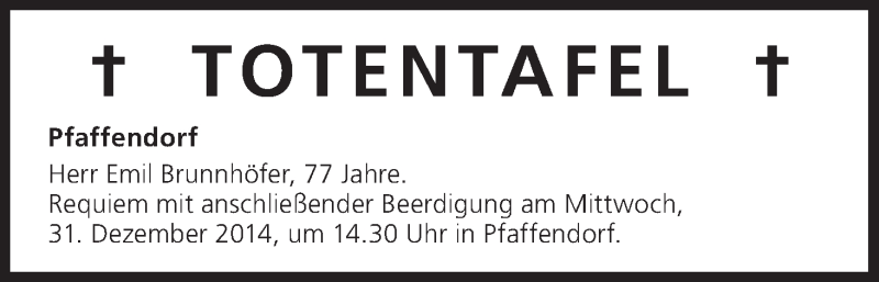  Traueranzeige für Totentafel vom 30.12.2014 vom 30.12.2014 aus MGO