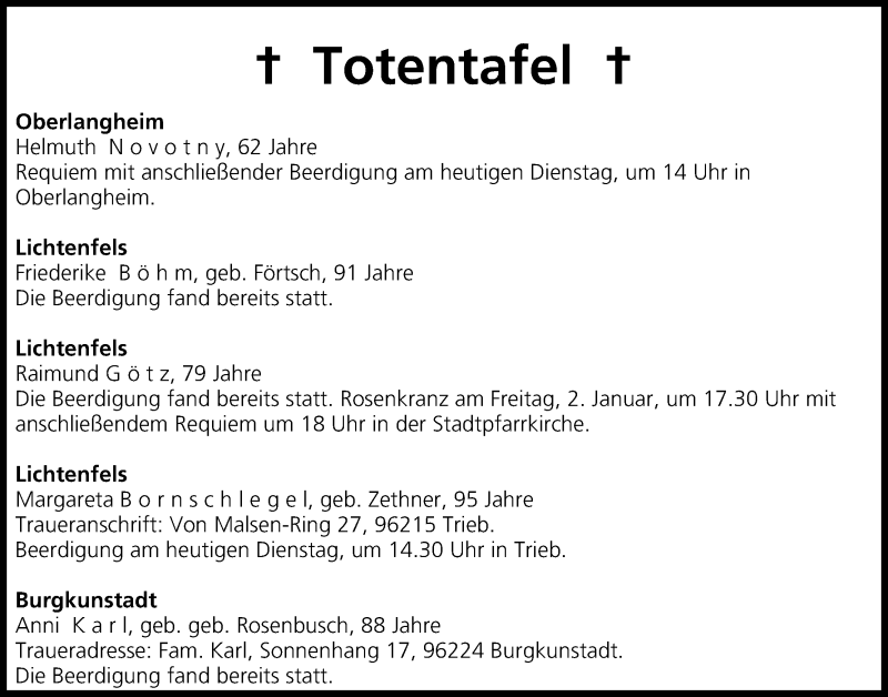  Traueranzeige für Totentafel vom 30.12.2014 vom 30.12.2014 aus MGO