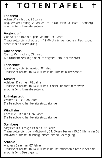 Anzeige von Totentafel vom 30.12.2014 von MGO