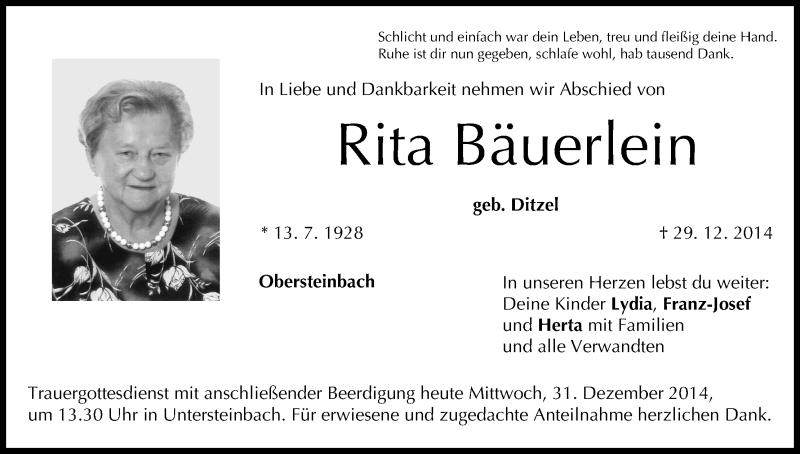  Traueranzeige für Rita Bäuerlein vom 31.12.2014 aus MGO