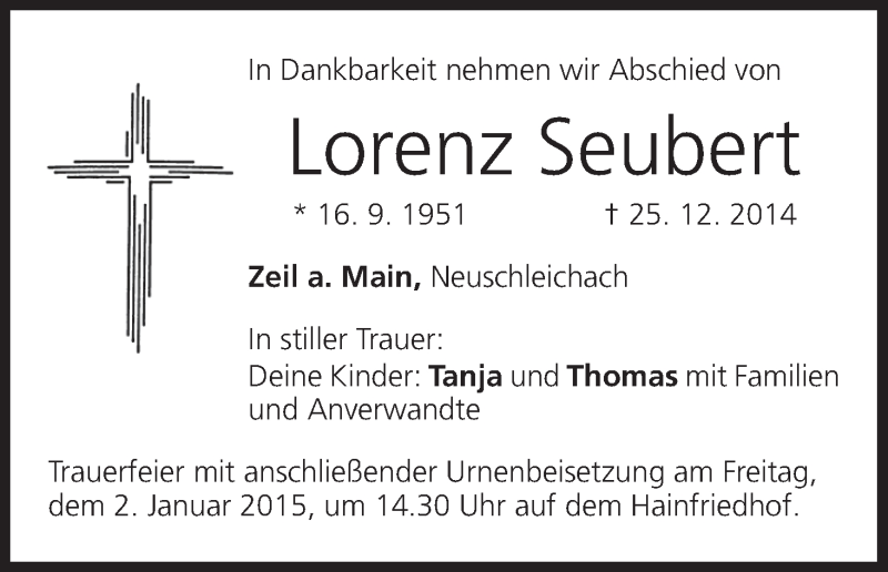  Traueranzeige für Lorenz Seubert vom 31.12.2014 aus MGO