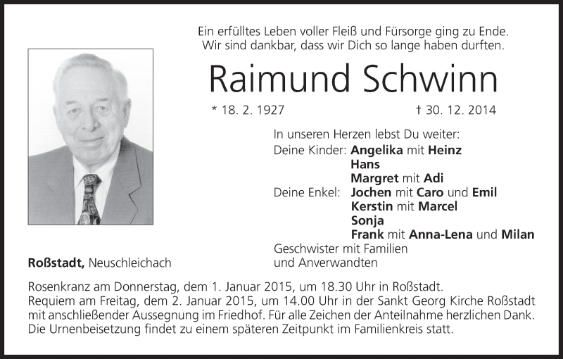  Traueranzeige für Raimund Schwinn vom 31.12.2014 aus MGO