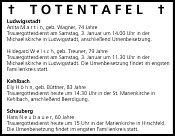 Anzeige von Totentafel vom 02.01.2015 von MGO