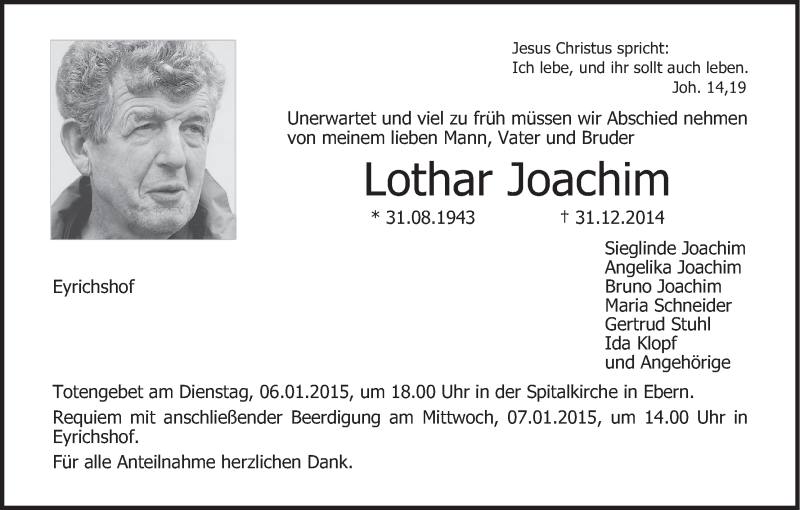  Traueranzeige für Lothar Joachim vom 02.01.2015 aus MGO