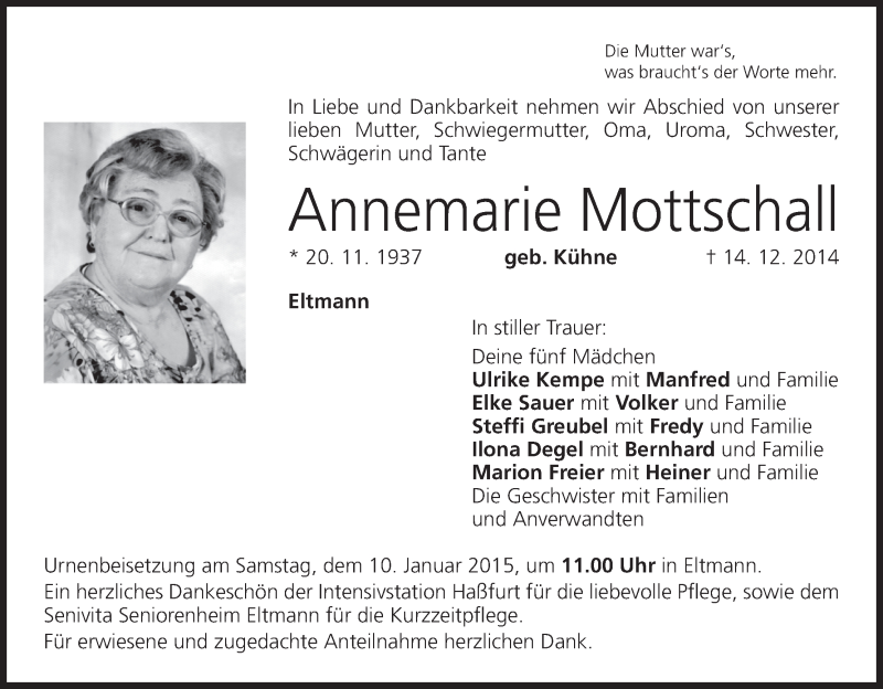  Traueranzeige für Annemarie Mottschall vom 08.01.2015 aus MGO