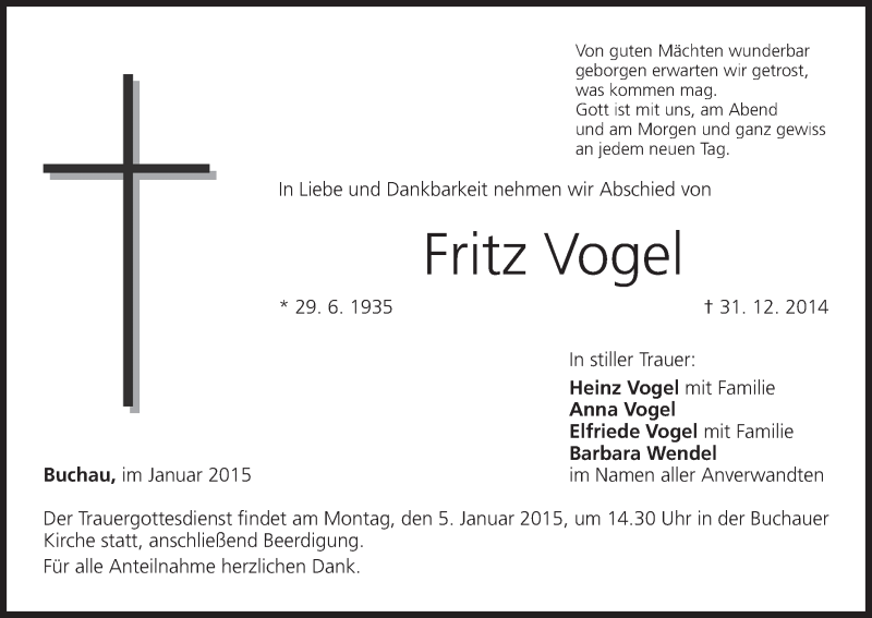  Traueranzeige für Fritz Vogel vom 03.01.2015 aus MGO