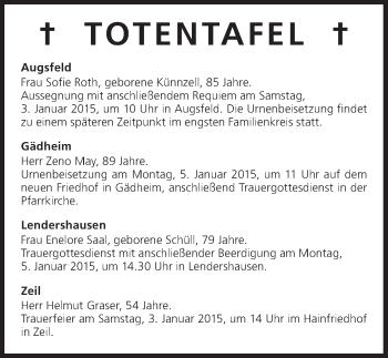 Anzeige von Totentafel, vom 03.01.2015 von MGO