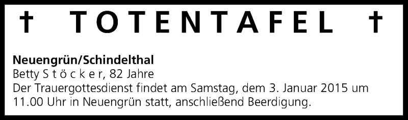  Traueranzeige für Totentafel, vom 03.01.2015 vom 03.01.2015 aus MGO
