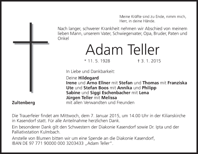  Traueranzeige für Adam Teller vom 05.01.2015 aus MGO