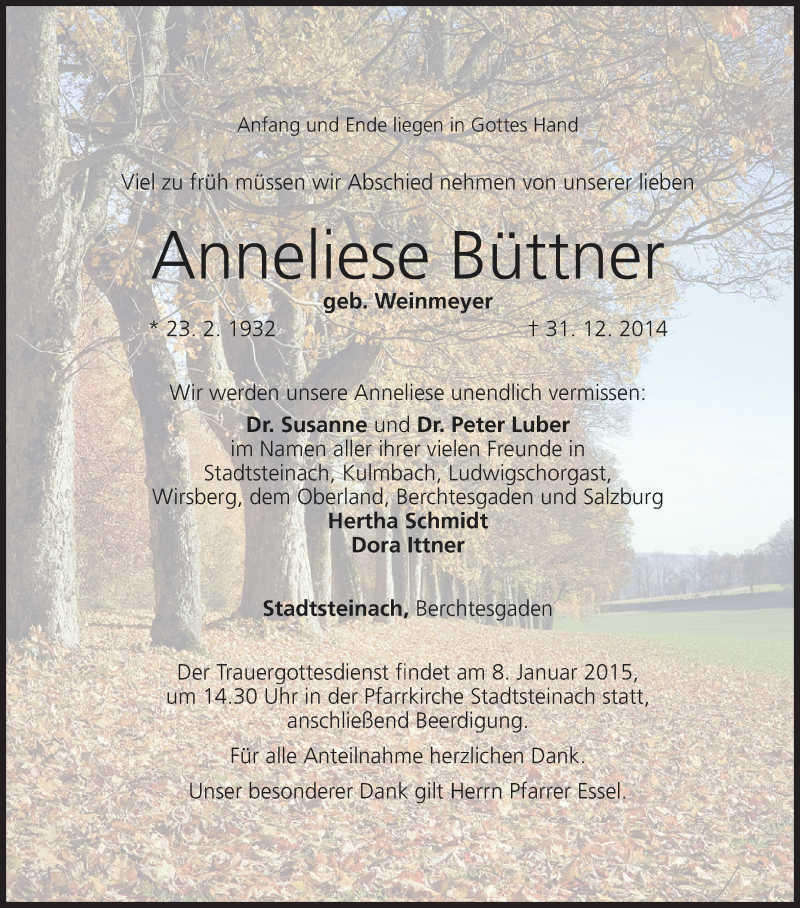  Traueranzeige für Anneliese Büttner vom 05.01.2015 aus MGO
