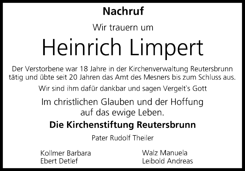  Traueranzeige für Heinrich Limpert vom 06.01.2015 aus MGO