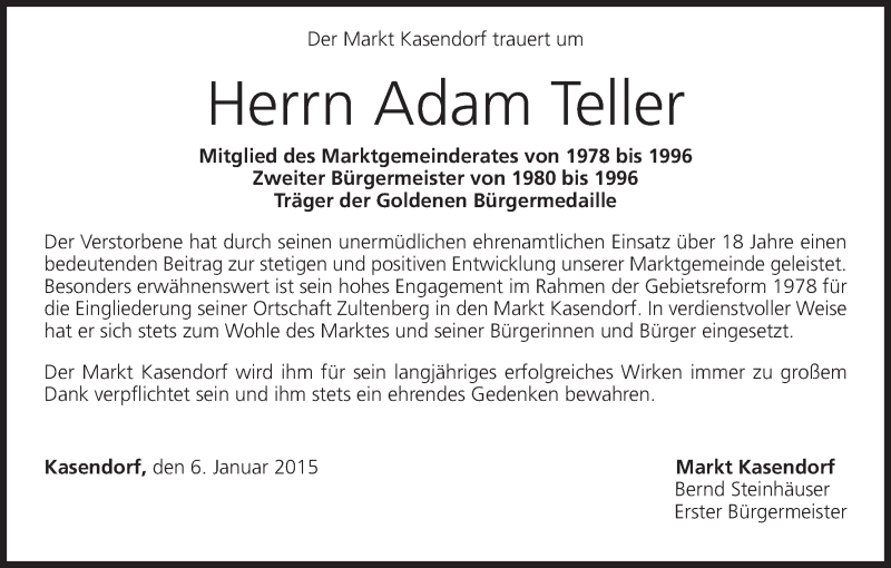  Traueranzeige für Adam Teller vom 06.01.2015 aus MGO