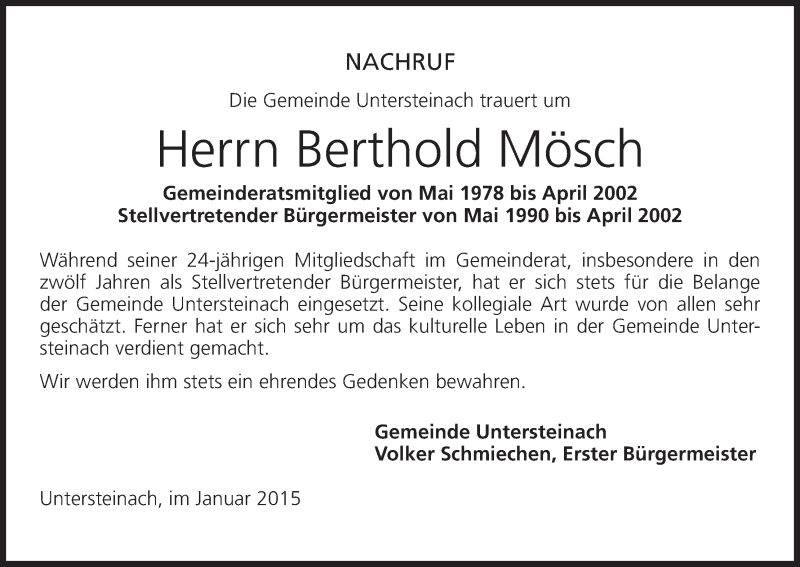  Traueranzeige für Berthold Mösch vom 06.01.2015 aus MGO