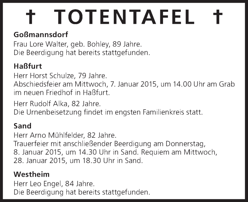  Traueranzeige für Totentafel vom 06.01.2015 vom 06.01.2015 aus MGO