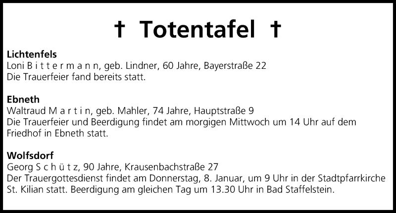  Traueranzeige für Totentafel vom 06.01.2015 vom 06.01.2015 aus MGO