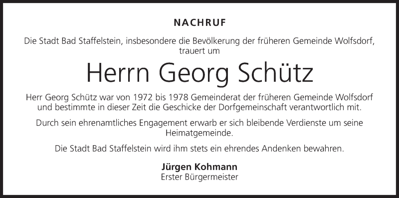  Traueranzeige für Georg Schütz vom 06.01.2015 aus MGO