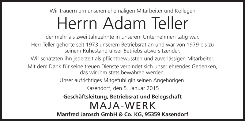  Traueranzeige für Adam Teller vom 06.01.2015 aus MGO