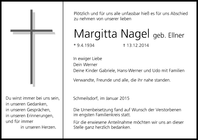 Traueranzeige für Margitta Nagel vom 10.01.2015 aus MGO