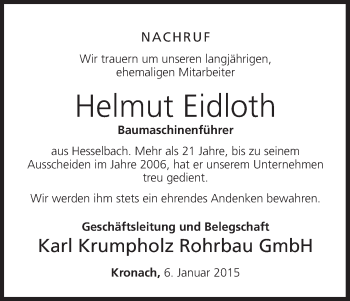 Anzeige von Helmut Eidloth von MGO