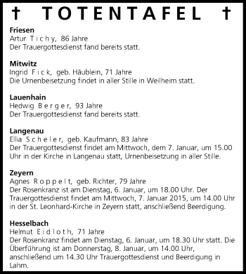Anzeige von Totentafel vom 06.01.2015 von MGO