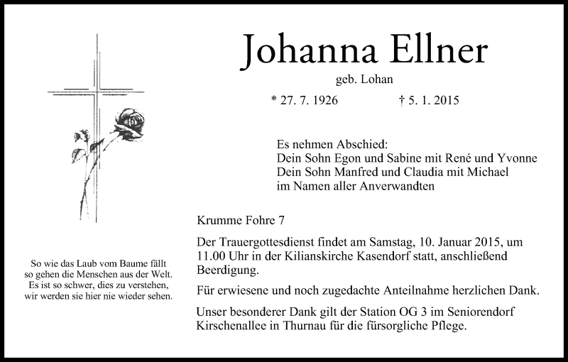  Traueranzeige für Johanna Ellner vom 08.01.2015 aus MGO
