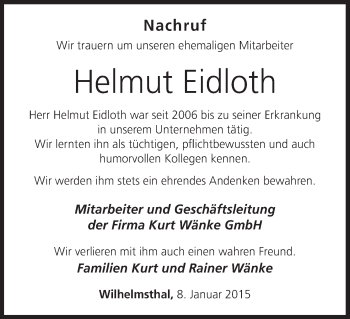 Anzeige von Helmut Eidloth von MGO