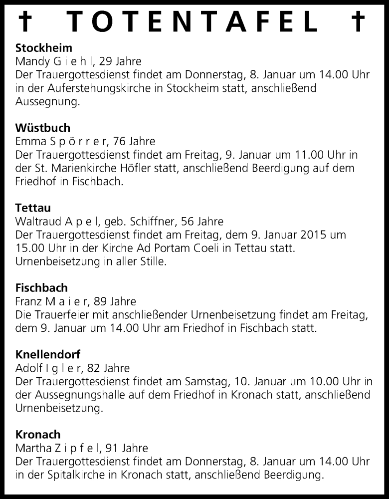  Traueranzeige für Totentafel vom 08.01.2015 vom 08.01.2015 aus MGO