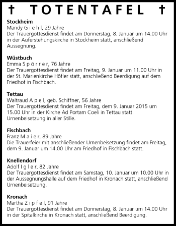 Anzeige von Totentafel vom 08.01.2015 von MGO